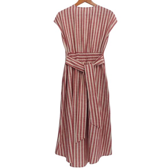 Max Studio Striped Midi Day Dress Small Red Cream Cottagecore V Neck Sash Tie - Picture 6 of 11